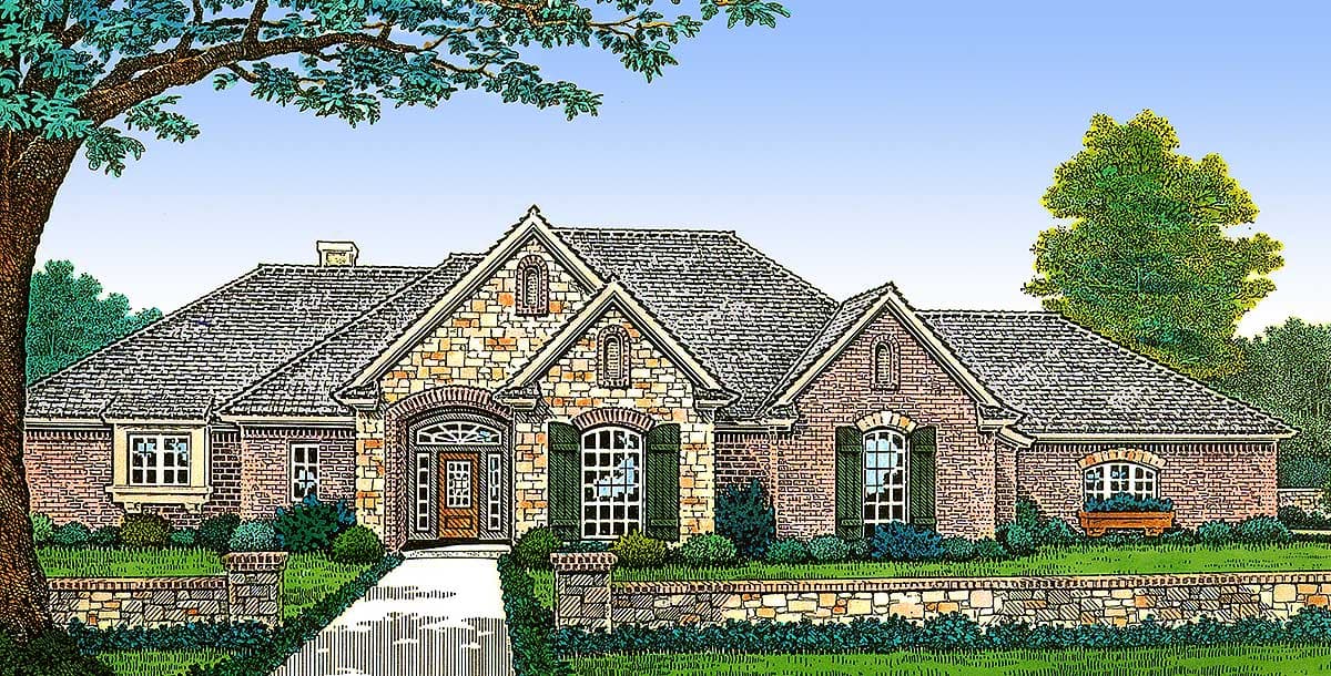 House plan exterior: One-story home with brick and stone facade, arched entry, gables, dormers, and pitched roof.
