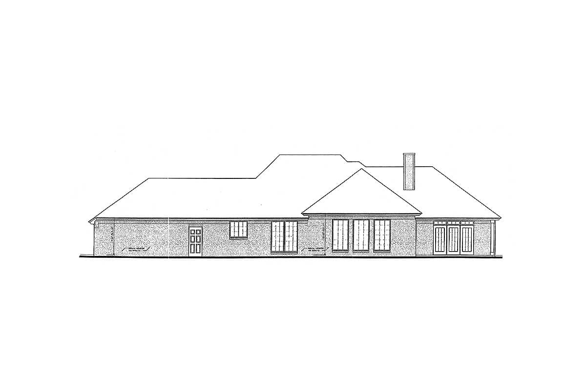 House plan exterior drawing showing a single-story brick home with multiple French doors, windows, and a chimney.