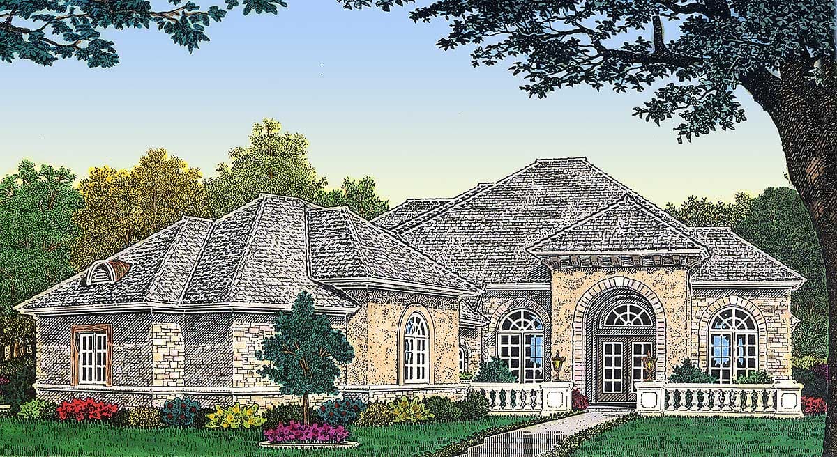 House plan exterior: One-story house with hip roofs, arched windows, dormer, and stone facade.