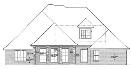 House plan exterior drawing showing a complex roofline with a dormer, stone accents around French doors, and multiple windows.