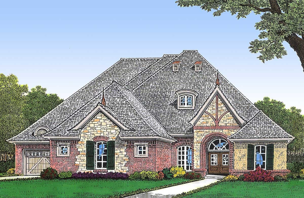 House plan exterior: brick and stone facade, arched entryway, gabled dormers, and attached garage with wood door.