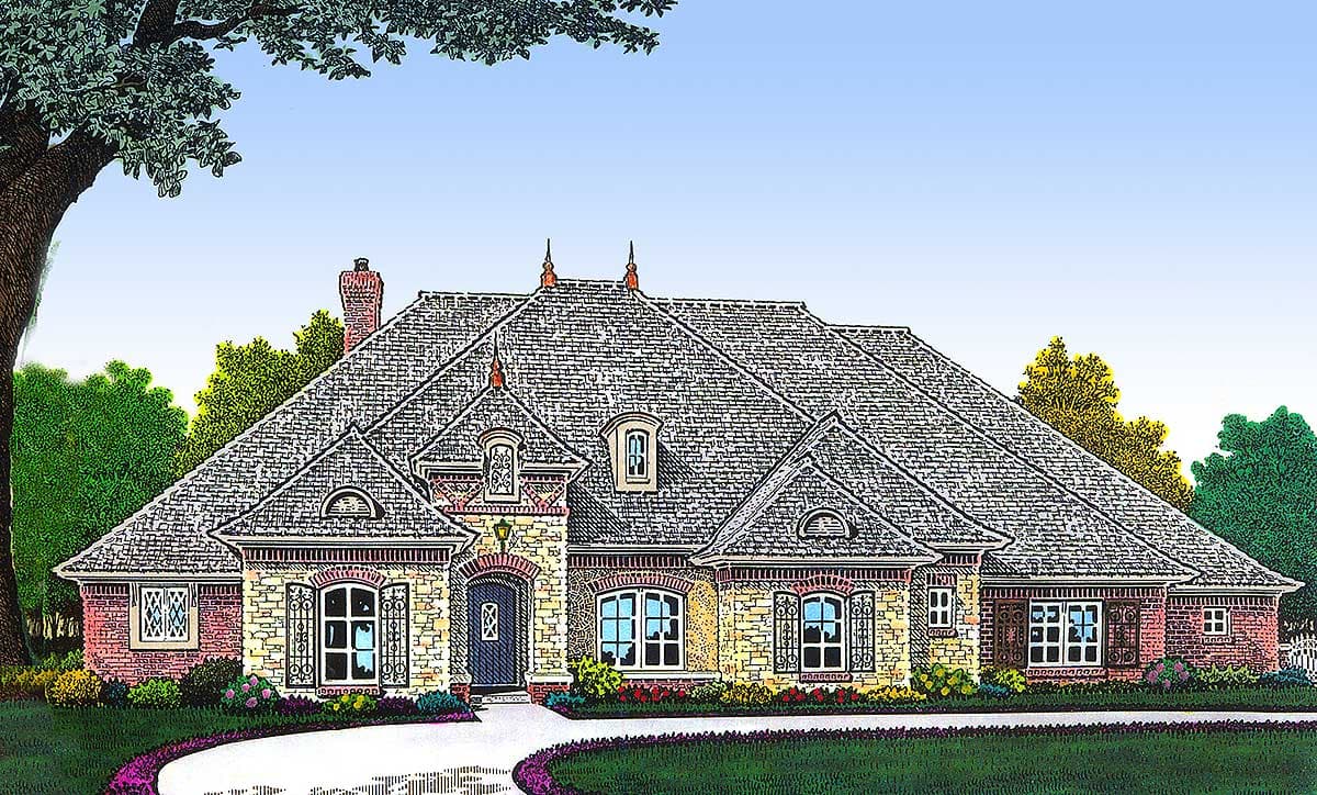 House plan exterior: French Provincial style, one story, hipped roof with dormers, arched entryway, stone and brick facade.