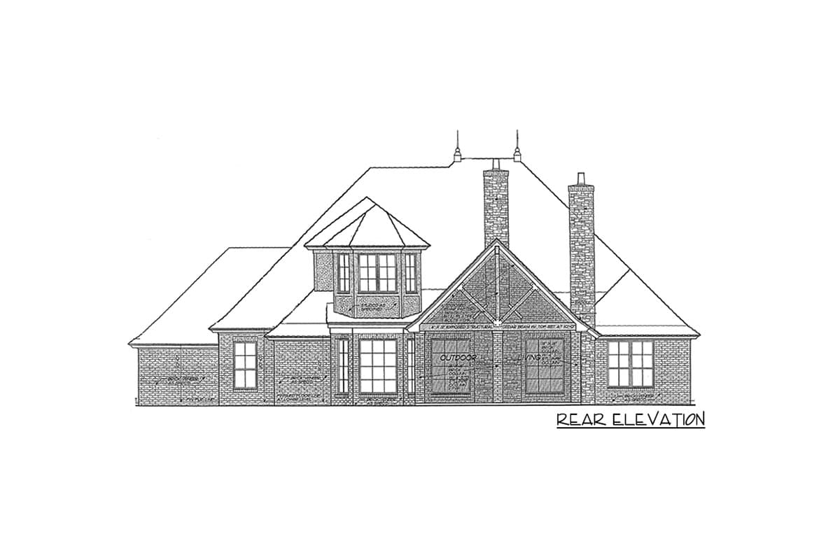 Rear elevation house plan drawing with brick facade, multiple gables, dormer, and double chimneys.