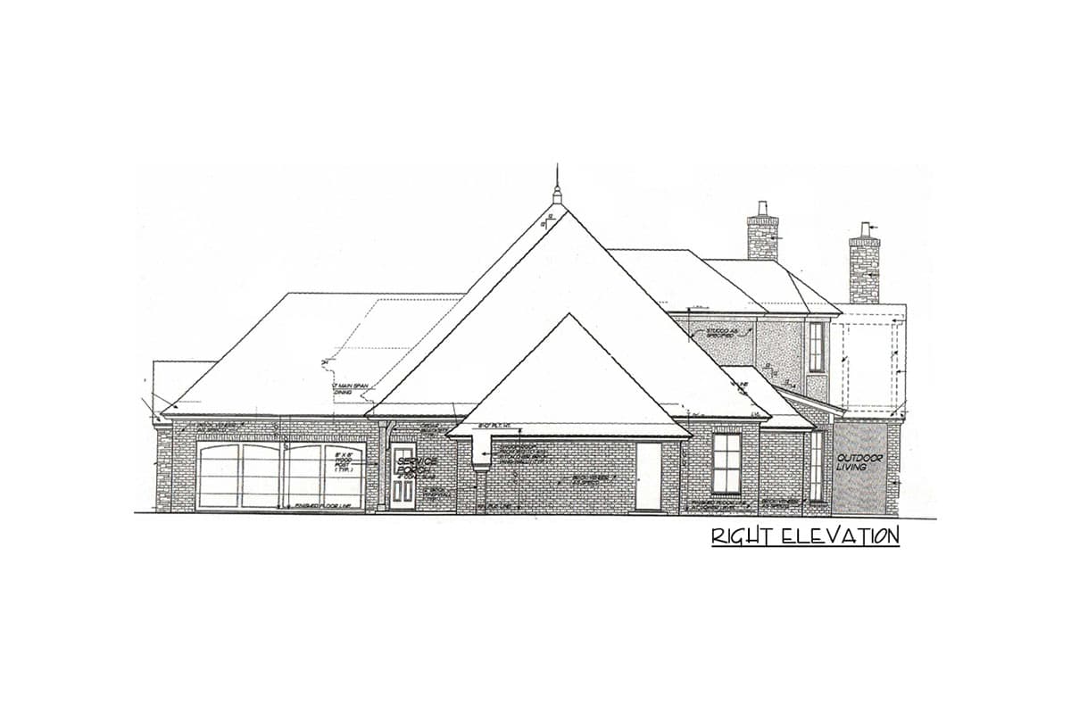 Right elevation house plan with brick exterior, multi-level roof, prominent gables, attached garage, and outdoor living space.