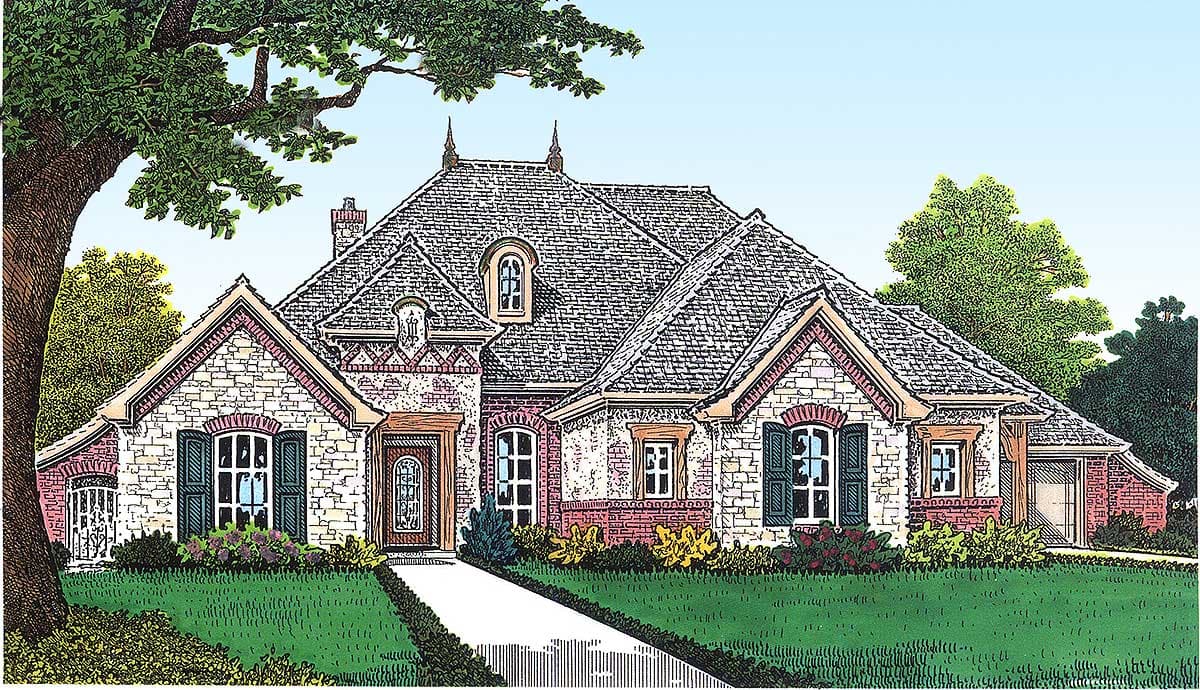 House plan exterior featuring a stone and brick facade, multiple gables, dormer, and an attached garage.
