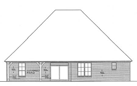 House plan exterior drawing showing a large, steeply pitched roofline, a covered patio, sliding doors, and multiple windows.