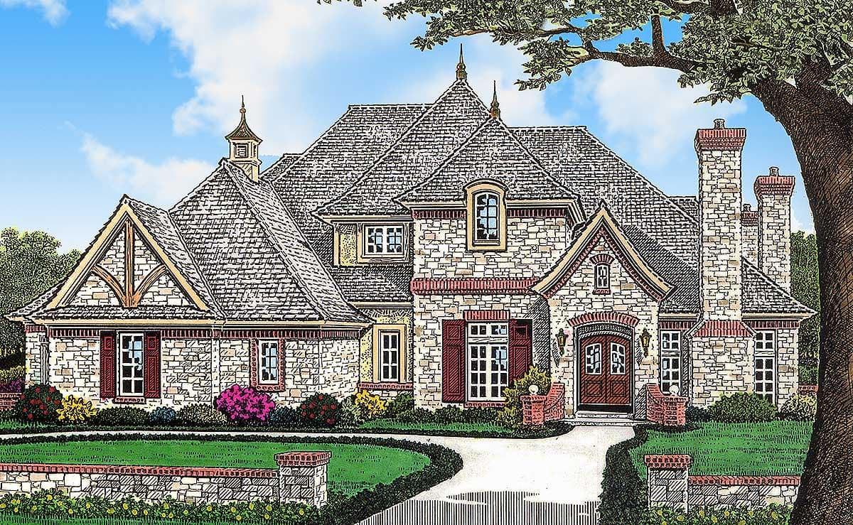 Tudor style house plan exterior with stone facade, multiple gables, dormers, and prominent chimneys.