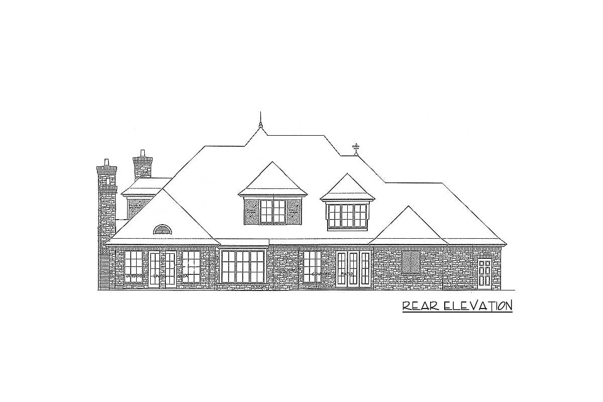 Rear elevation drawing of a stone house plan with multiple gables, dormers, and prominent chimneys.