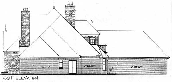 Right elevation drawing of a house plan showing multi-level gables, stone chimneys, and lap siding.