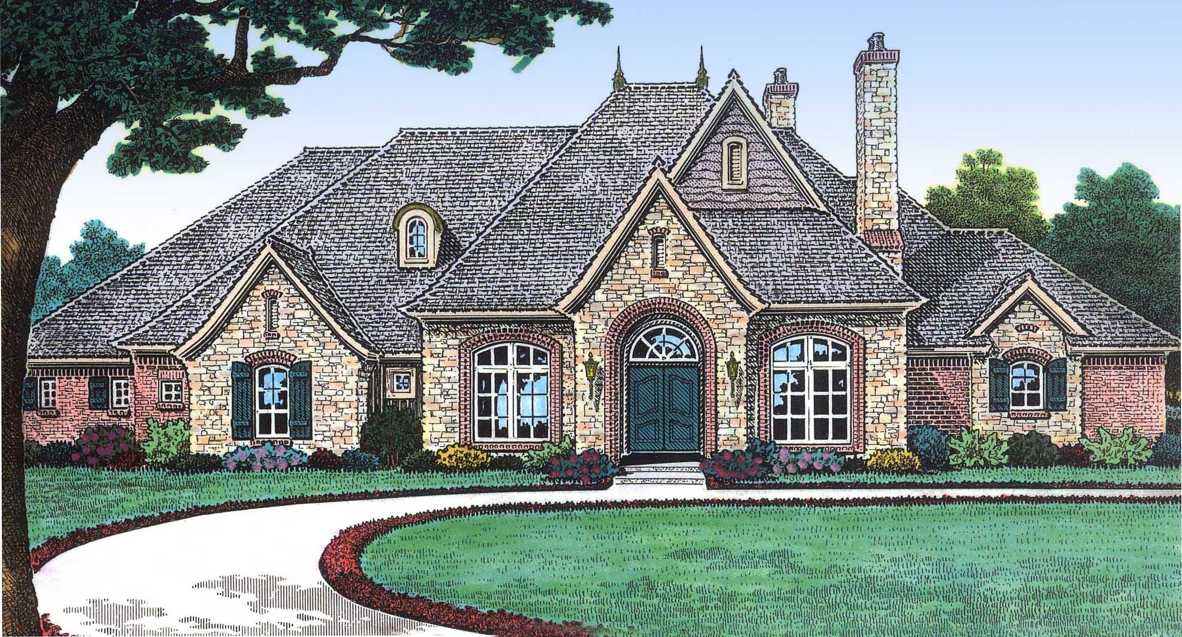 House plan exterior with stone and brick facade, multi-level rooflines, arched entryway, dormers, and prominent chimney.