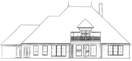 House plan exterior drawing with a prominent hipped roof, dormer with balcony, and covered patio.