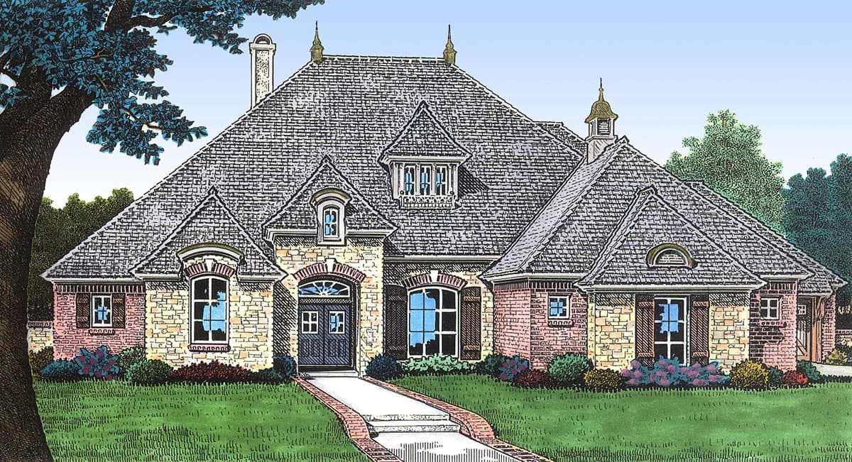 House plan exterior of a one-story home with a hip roof, dormers, brick and stone facade, and arched entry.