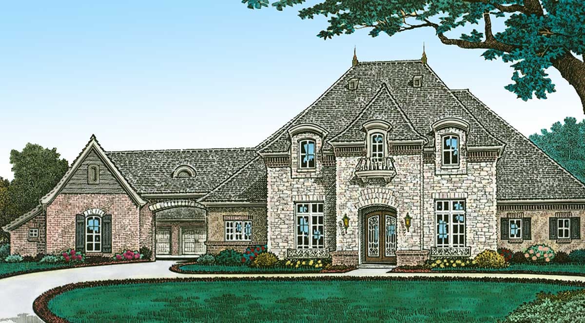 House plan exterior showing a stone and brick two-story French Country home with a mansard roof, dormers, and arched garage.