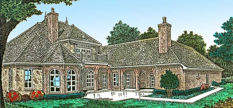 House plan exterior with brick facade, multiple gables, decorative dormers, and covered loggia.