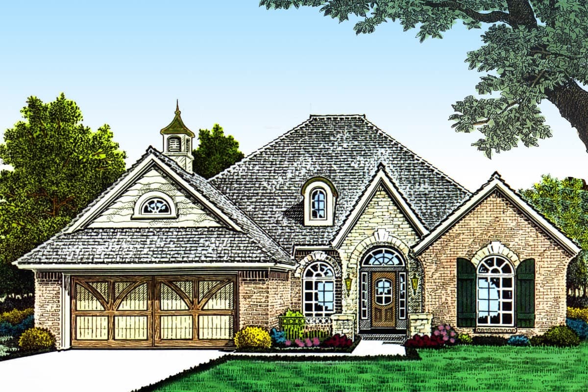 House plan exterior: One-story house with brick and stone facade, prominent gables, arched windows, and a side-entry garage.