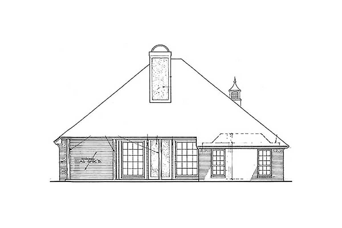 House plan elevation drawing: side view showing horizontal siding, large glass doors, multiple windows, a chimney, and a cupola.