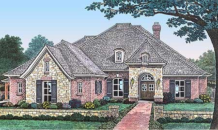House plan exterior: One-story home with stone and brick facade, arched entryway, dormers, and prominent gables.