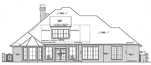House plan rear elevation drawing showing a large roofline, dormer, chimney, and covered patio with columns.