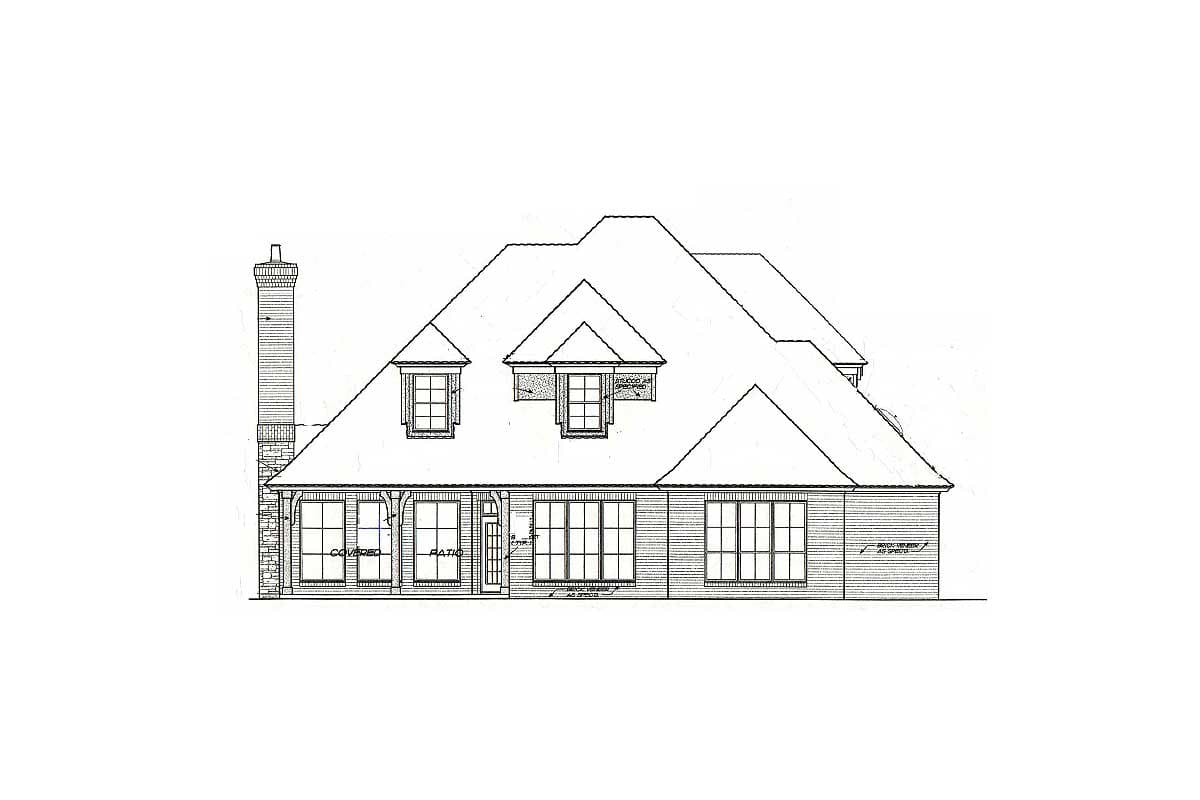 House plan exterior elevation with stone chimney, multiple gables, dormers, and a covered patio.