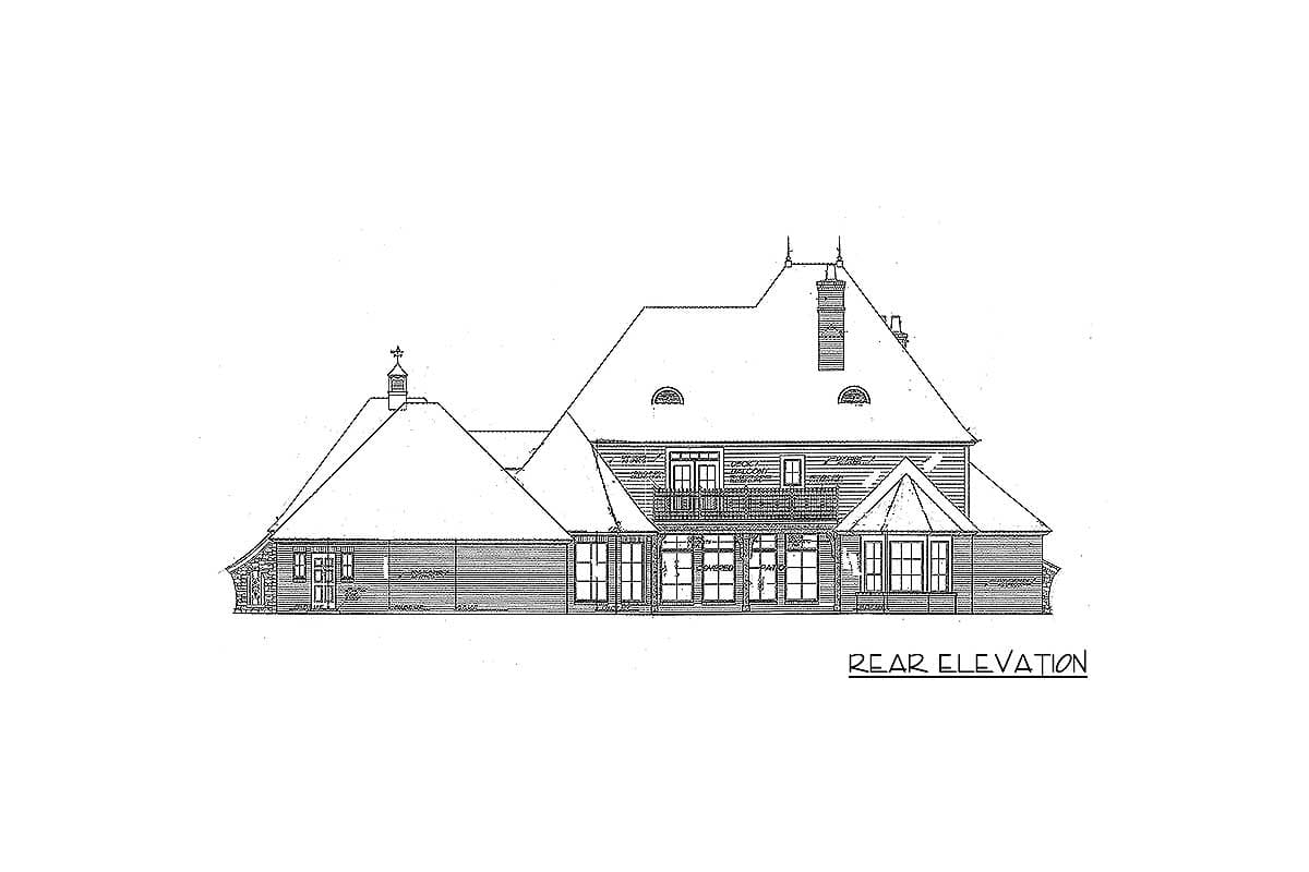 Rear elevation drawing of a house plan with multiple gables, a dormer, and a covered balcony.