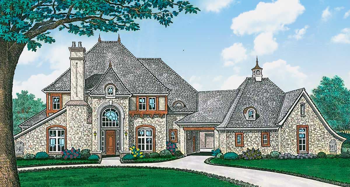 House plan exterior featuring stone facade, multiple gables, arched entryway, and prominent chimney.