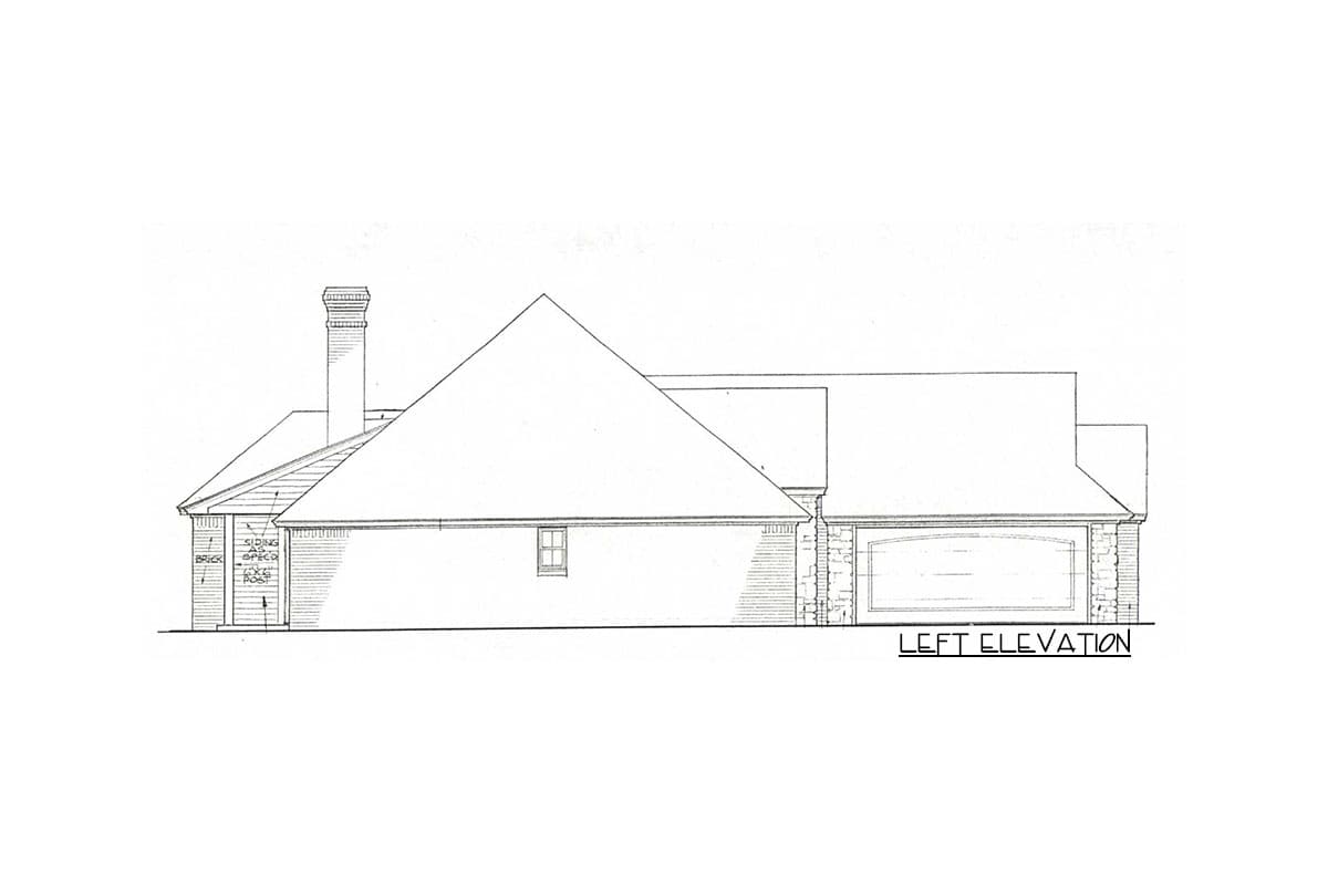 Left elevation house plan drawing showing a brick exterior, gabled roofline, chimney, and arched garage.