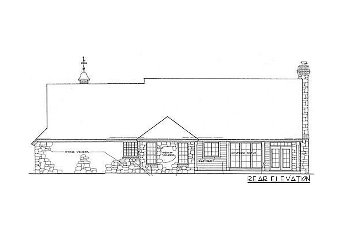 Rear elevation drawing of a house plan featuring stone veneer, a gable roof, multiple windows, and a dormer.