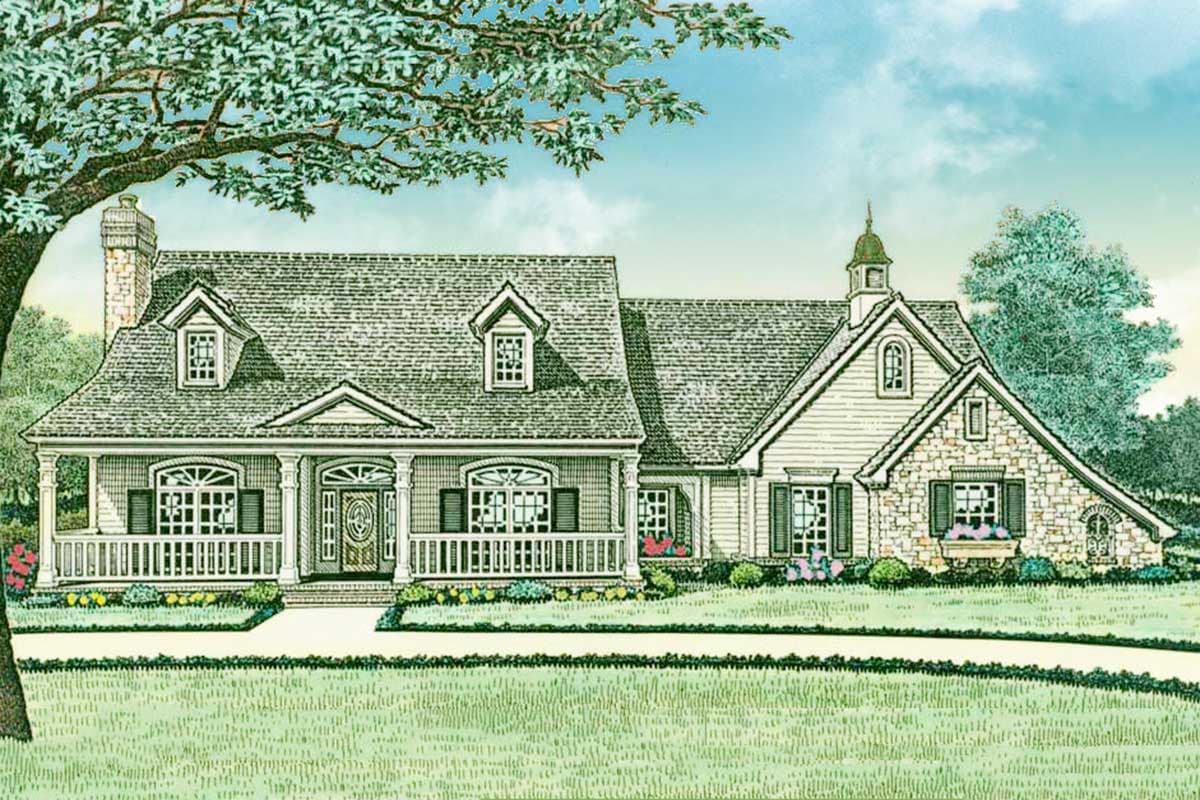 House plan exterior with a wraparound porch, dormers, and stone accents. Two stories visible with a steep gabled roofline and cupola.