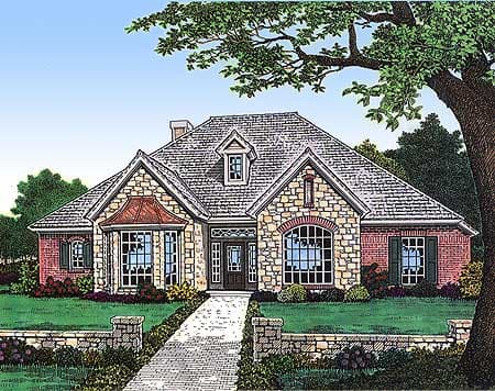 House plan exterior: One-story home with stone and brick facade, gable dormer, bay window, and arched window.