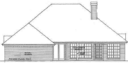 House plan rear elevation: brick veneer, covered patio with large windows, and pitched roof.