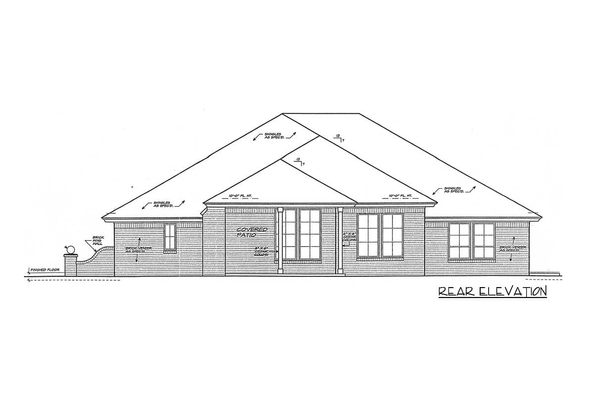 Rear elevation house plan showing brick veneer, covered patio with cedar columns, and a gabled roofline.