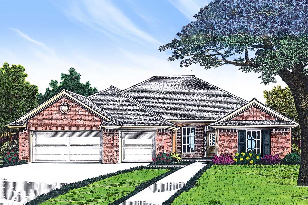 House plan exterior: one-story brick home with three-car garage, intersecting gable rooflines, and a round decorative window.