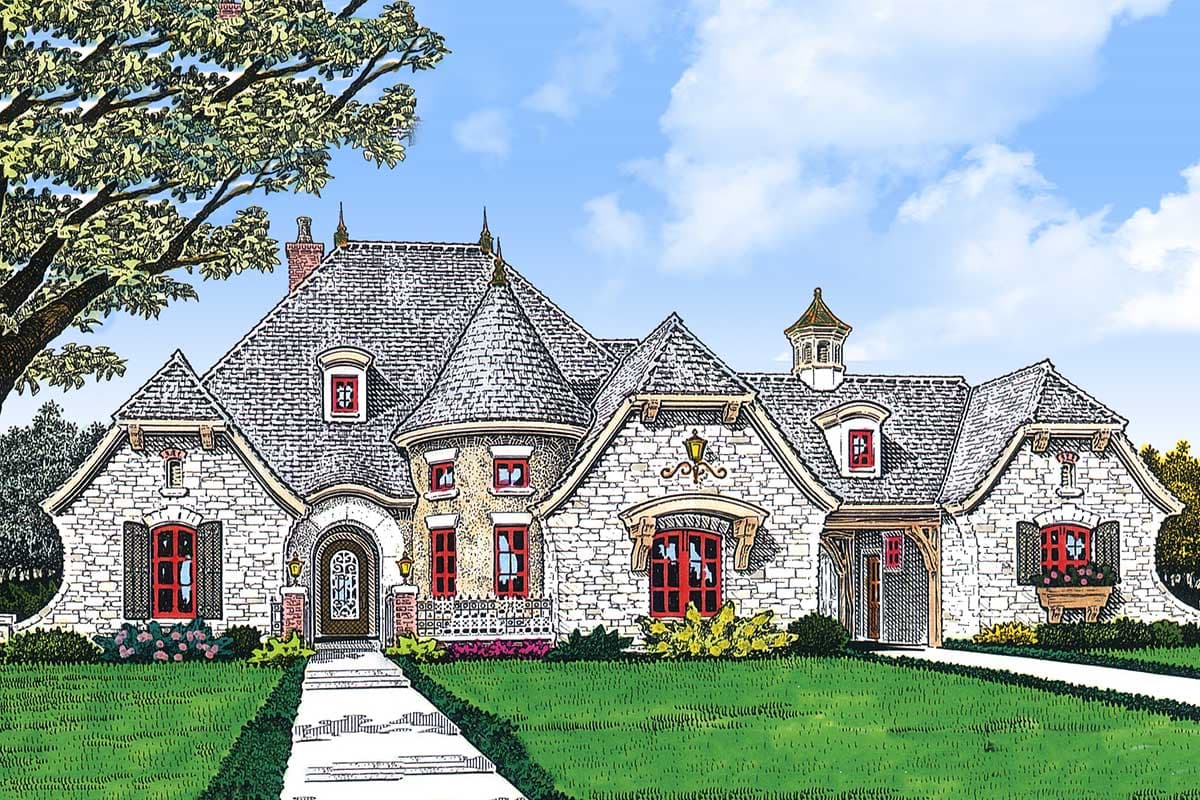House plan exterior with stone facade, turrets, multiple gables, dormers, and red-trimmed windows.