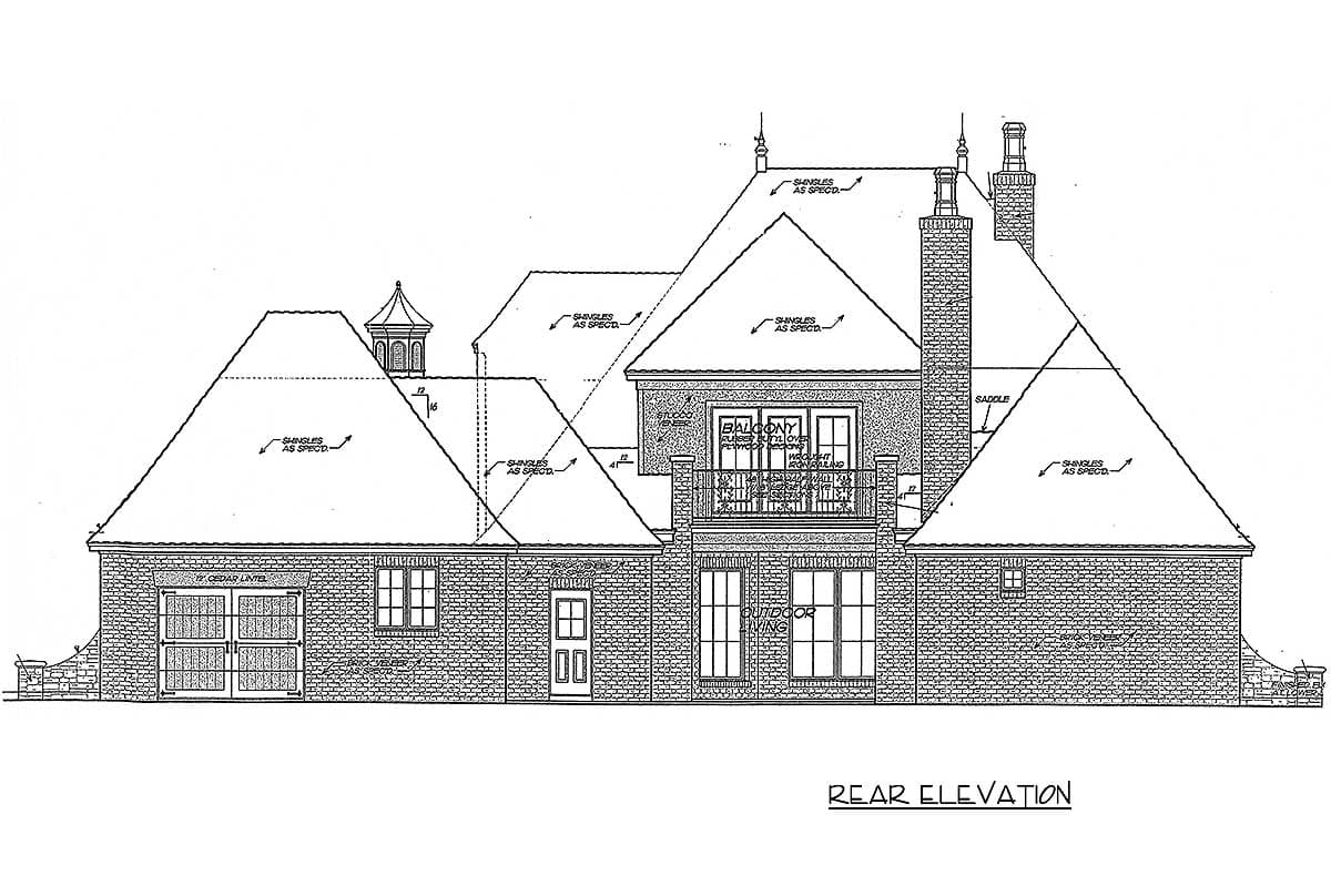 Rear elevation drawing of a multi-story brick house with a cupola, multiple gables, chimneys, and a balcony with wrought iron railing.