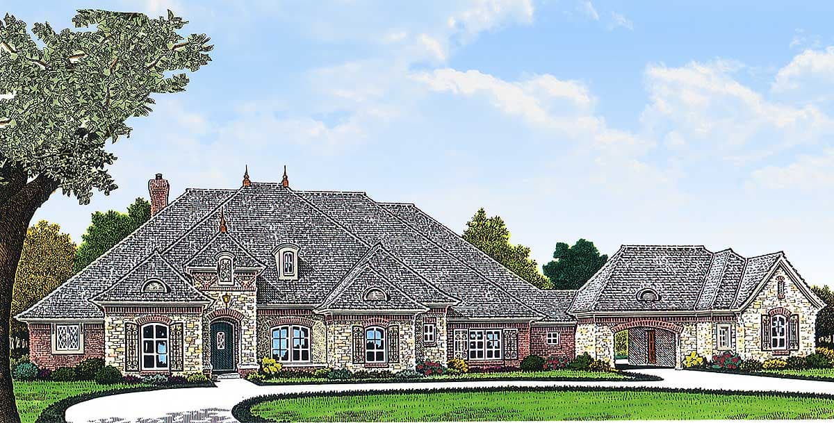 House plan exterior rendering: two-story French Country style with stone and brick facade, prominent gables, and arched entryway to attached garage.