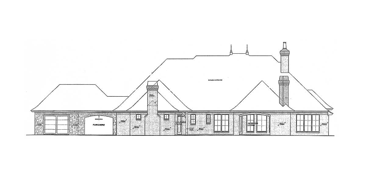House plan exterior elevation showing a one-story home with a porte-cochere, multiple gables, and brick construction.