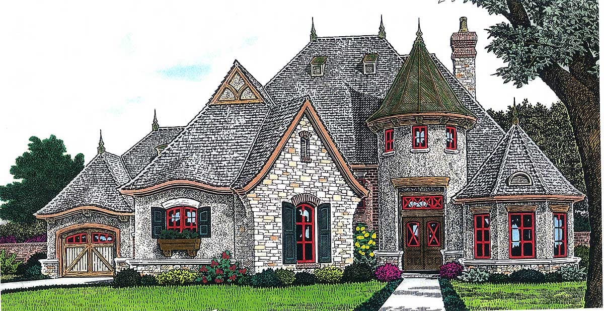 House plan exterior shows a French Renaissance style home with a prominent turret, multiple gables, dormers, and a side-entry garage.