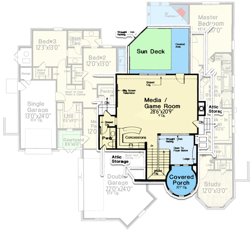 Plan 48328FM: European-style House Plan with Grand Turreted Entry and 2nd Story Sun Deck - Floor Plan - Bonus Second Level - European, French Country