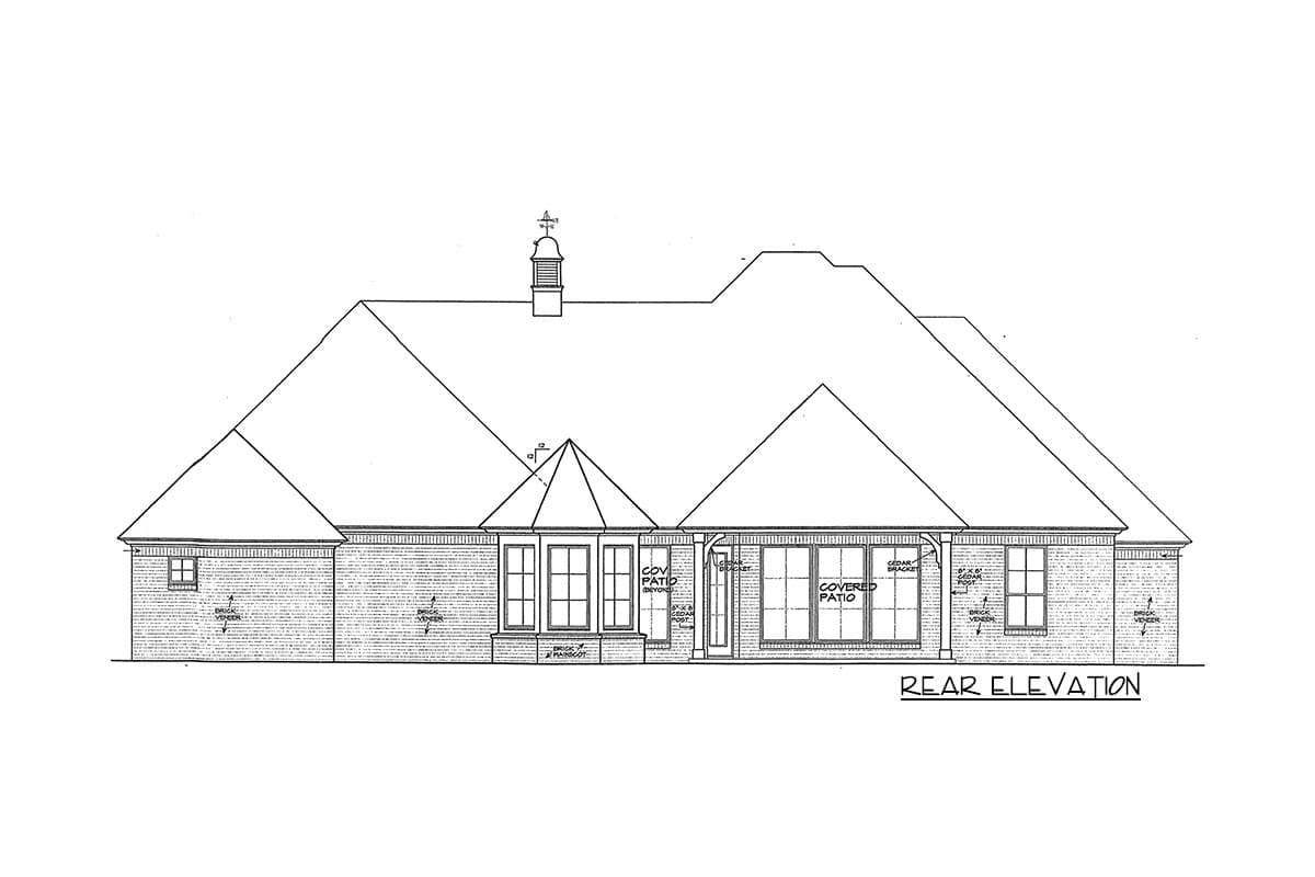 Rear elevation of a house plan, showing brick exterior, gabled rooflines, dormers, and covered patios.