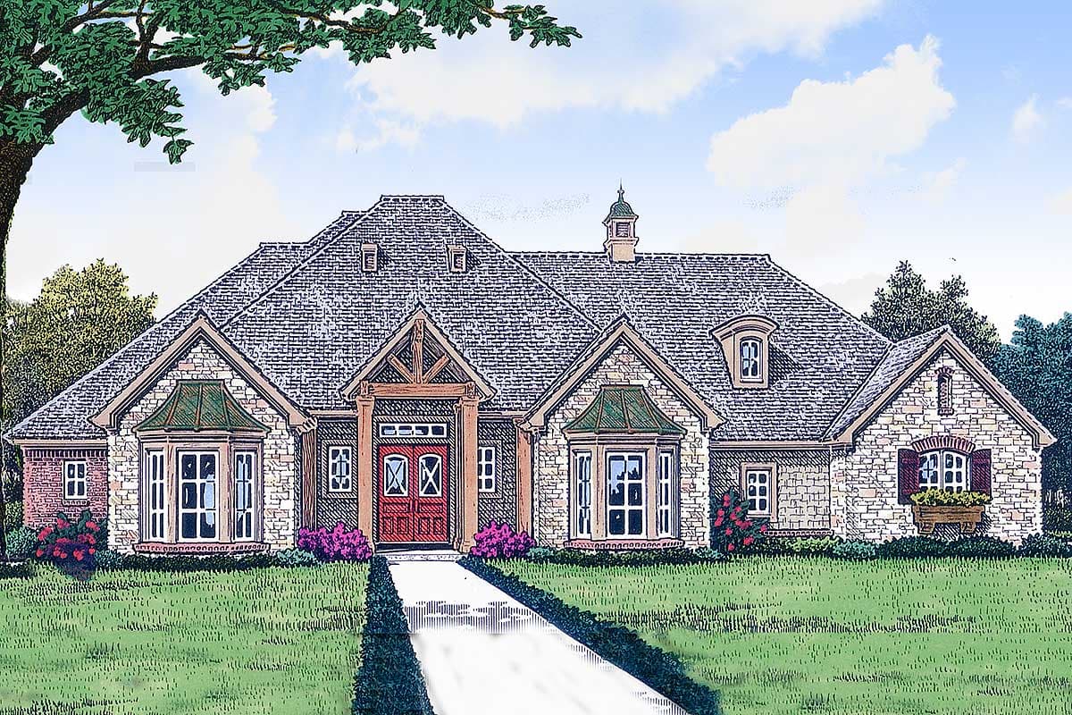 House plan exterior, one story, stone facade, prominent gabled entry with wooden beams, dormer windows, and bay windows with copper roofs.