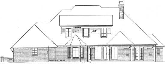 Floor plan drawing showing a large house with multiple gables, a prominent chimney, and several dormer windows.