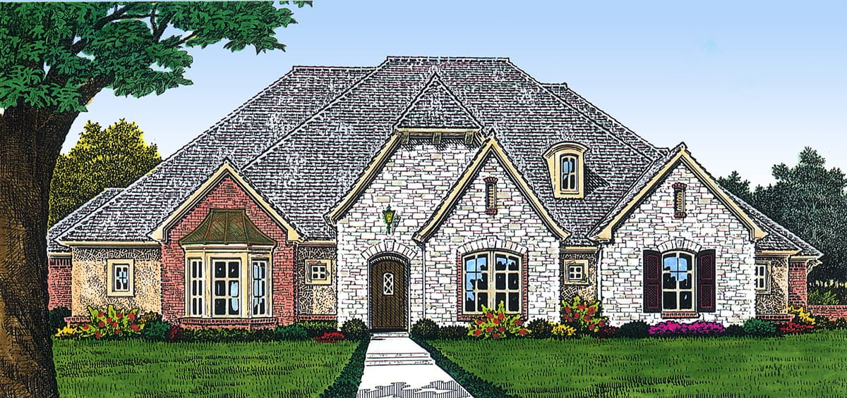 House plan exterior: Stone and brick facade, steeply pitched roof, prominent gables, arched entry, and bay windows.