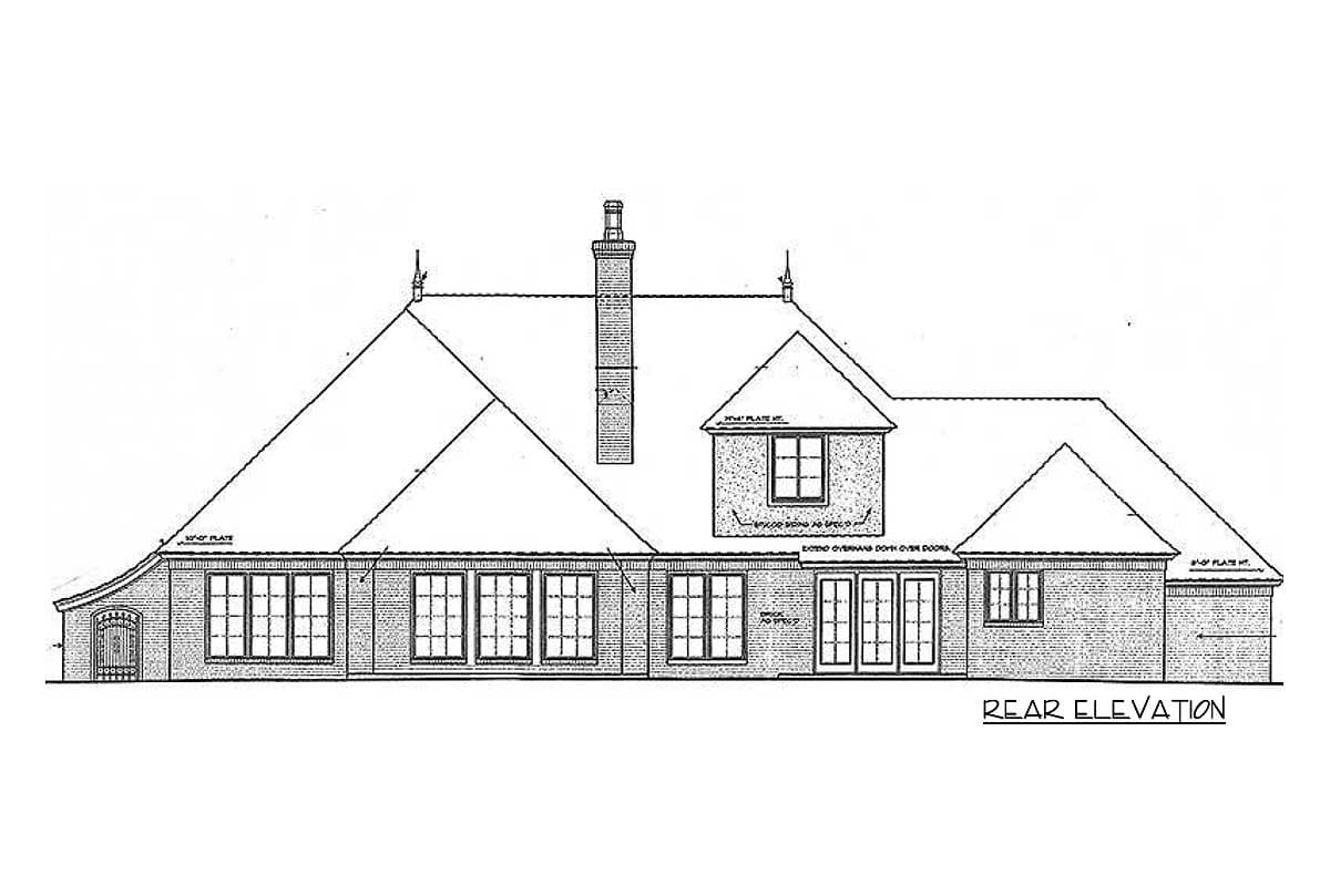 Rear elevation drawing of a house plan featuring a hip roof, dormers, brick facade, multiple windows, and double doors.