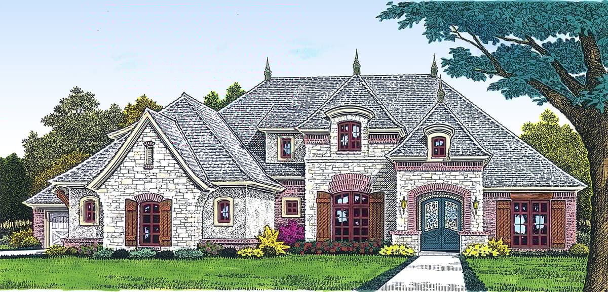House plan exterior: European style, stone and brick facade, steeply pitched rooflines, dormers, and arched entry.
