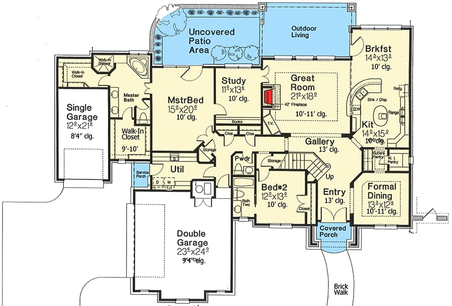 Plan 48332FM: Two Downstairs Bedrooms - Floor Plan - Main Level - European, French Country