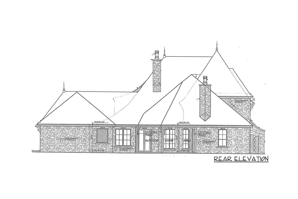 Rear elevation drawing of a stone house plan with multiple gables, chimneys, and covered outdoor living area.