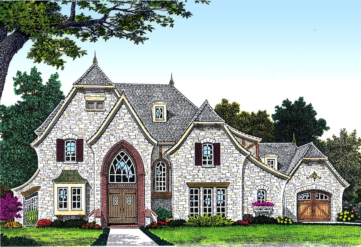 House plan exterior: stone facade, steep gables, arched entryway, dormers, and 2-car garage with wooden doors.