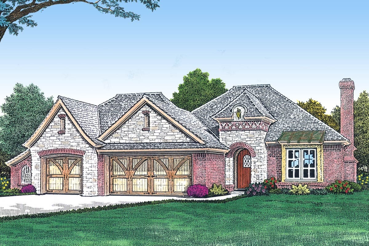 House plan exterior of a one-story home with a three-car garage, arched entry, and stone and brick facade.