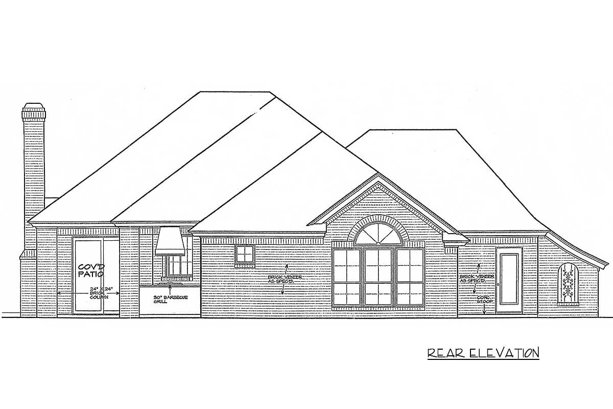 Rear elevation drawing of a house plan featuring brick veneer, covered patio, barbecue grill, and a large bay window.
