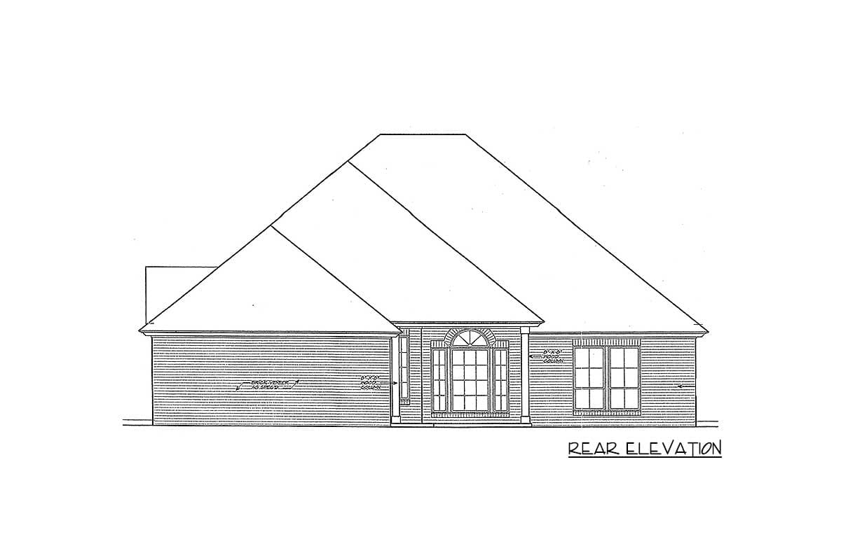 Rear elevation house plan drawing showing a single-story home with brick veneer, a prominent arched window, and hip rooflines.